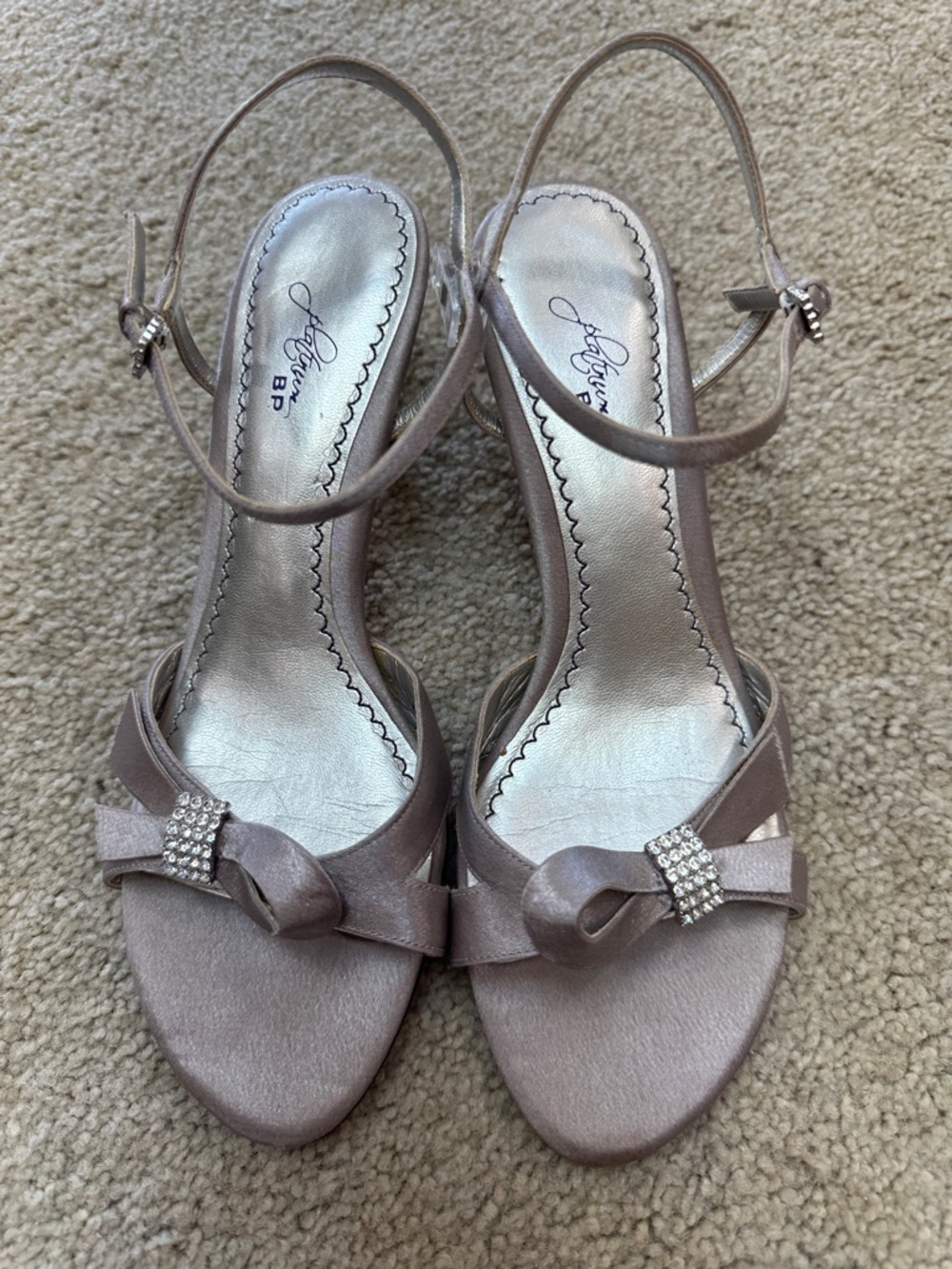 7.5 BP Satin Taupe Slingback Heels with Bow & Crystal Accent. Taupe.